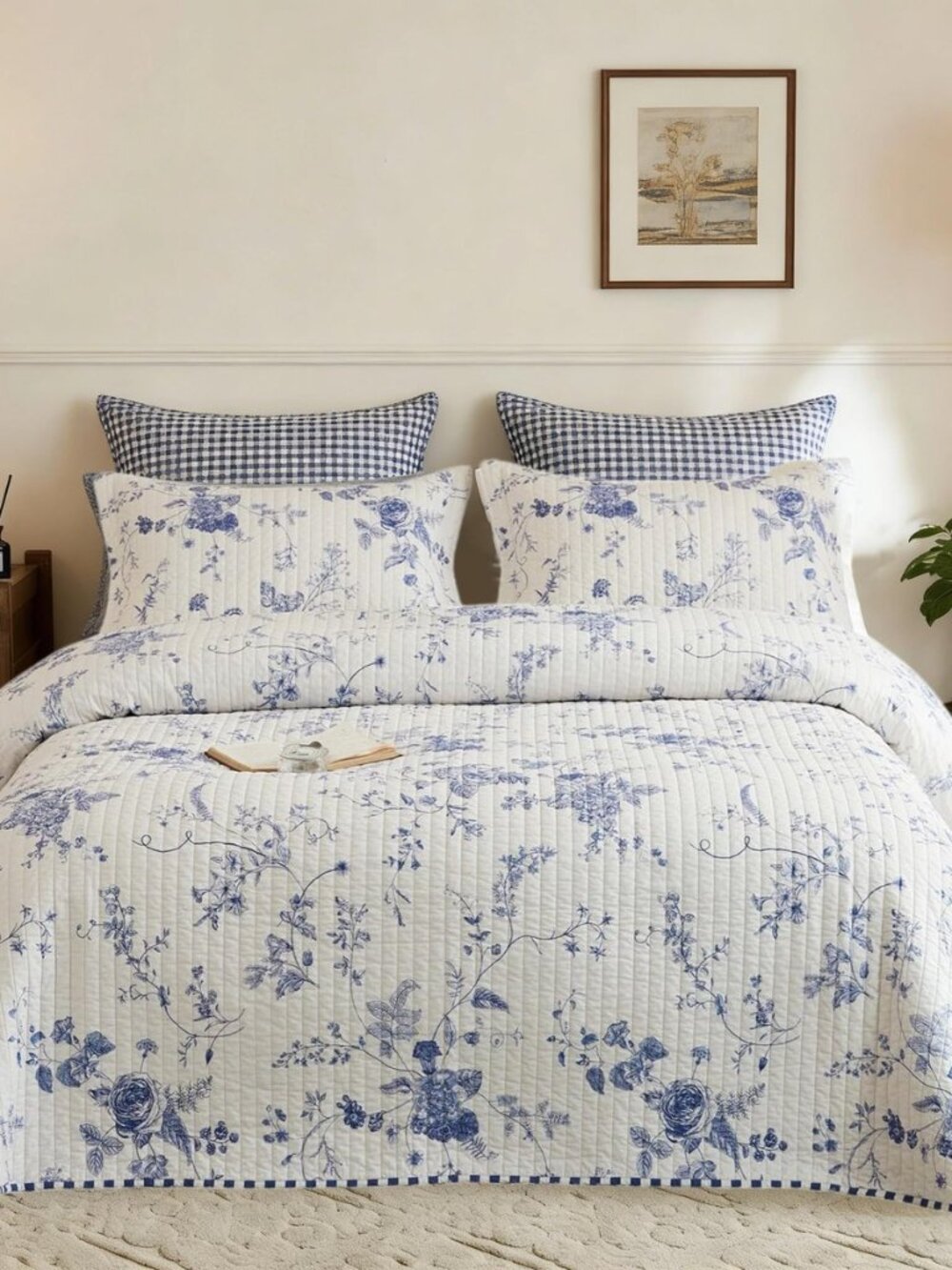 3Pcs Cotton Quilt Set, Blue & White Floral Quilt Bedspread Set, King